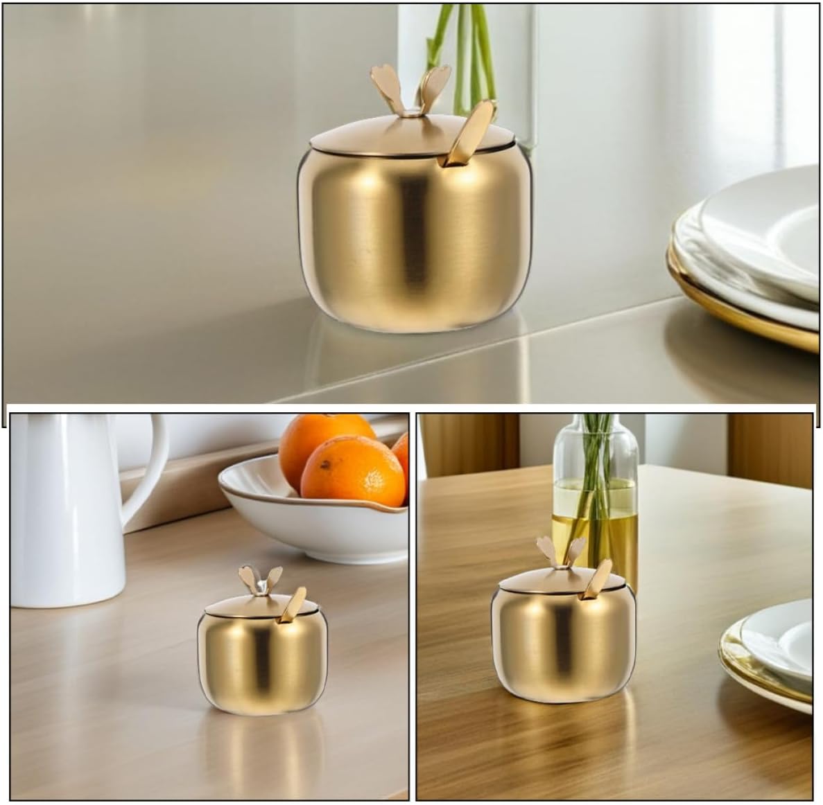 2pcs Condiment Pots Stainless Steel with Spoon Lid for Kitchen