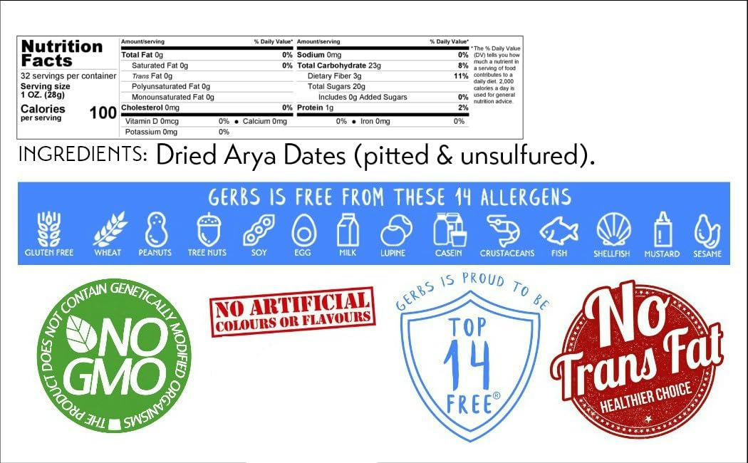 Gerbs Dried Araya Dates 2 lbs. | Unsulfured, Pitted, Resealable Bag | Naturally Sweet & Fiber-Rich | Top 14 Allergen-Free