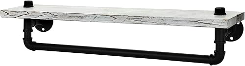 Miniatura 6 de MyGift Barra de toalla industrial montada en la pared del pequeño estante del cuarto de baño de madera encalada en mal estado del