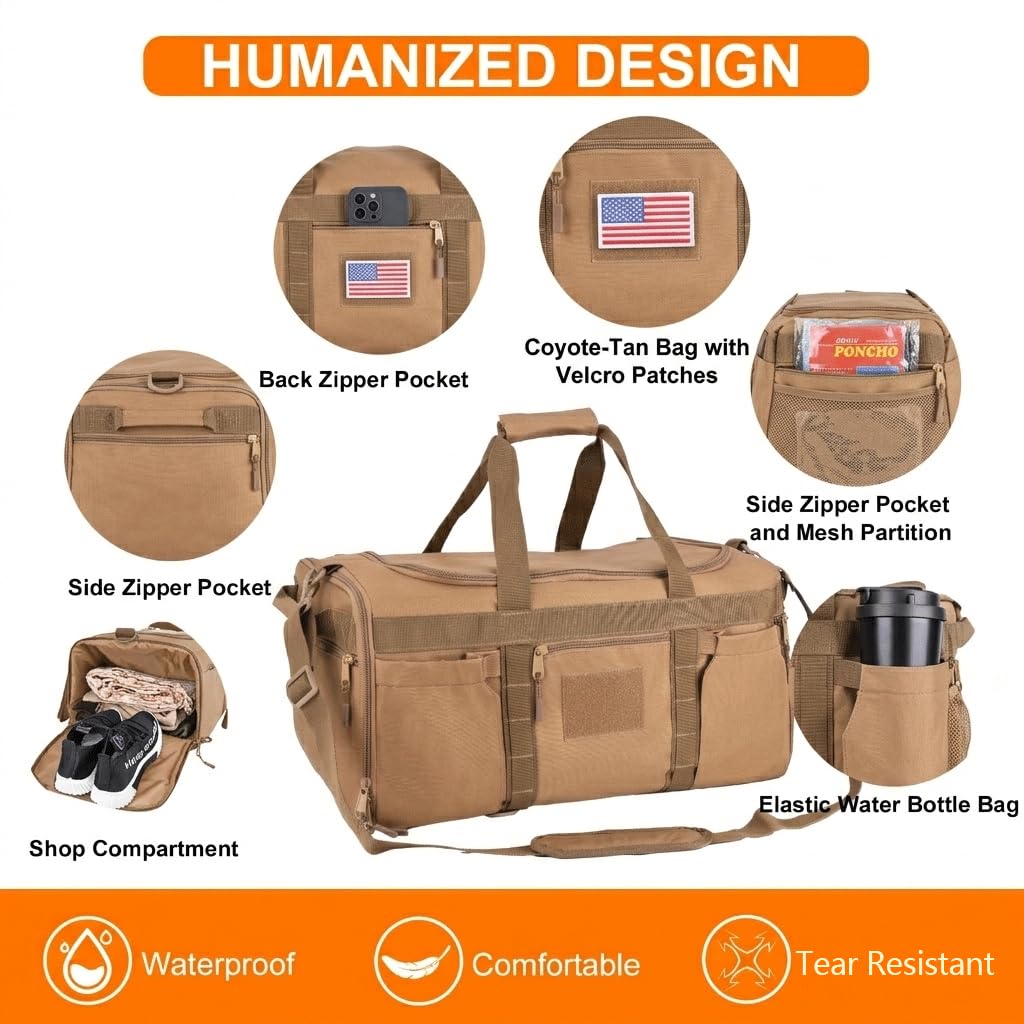 Taktische Reisetasche mit Schuhfach und MOLLE-Gurtband, multifunktionaler Sport-Turnbeutel für Männer und Frauen, 60 l Reise-Übernachtungs-Rucksack für die Arbeit, Khaki, Seesack