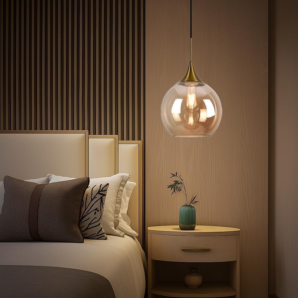 Lampadario a sospensione decorativa in metallo con sfera in vetro attacco E27 lampada contemporanea (Argento/Oro) A72 (ORO)