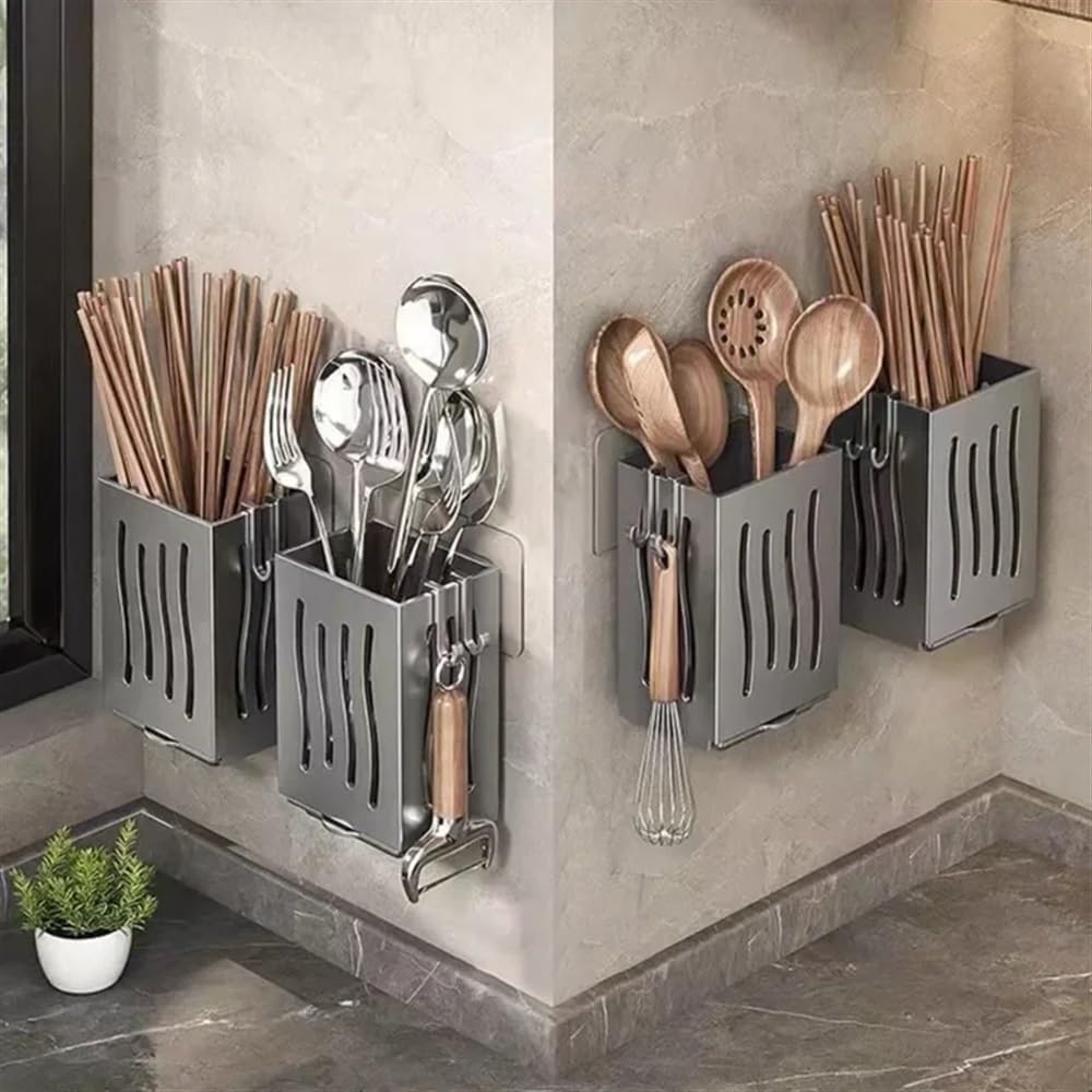 Lot de 2 porte-ustensiles de cuisine multifonction - Support mural autoportant en plastique pour baguettes - Gris