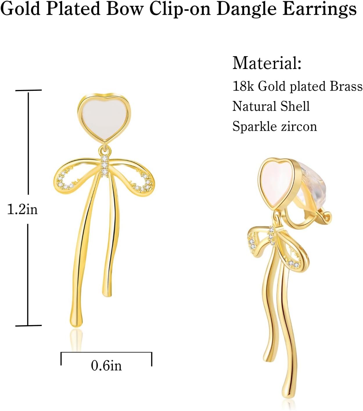 Vintage Natural Shell Heart & 14K Gold Plated Bow Dangle Drop Clip-on Earrings, Non-Piercing, for Women - Image 2