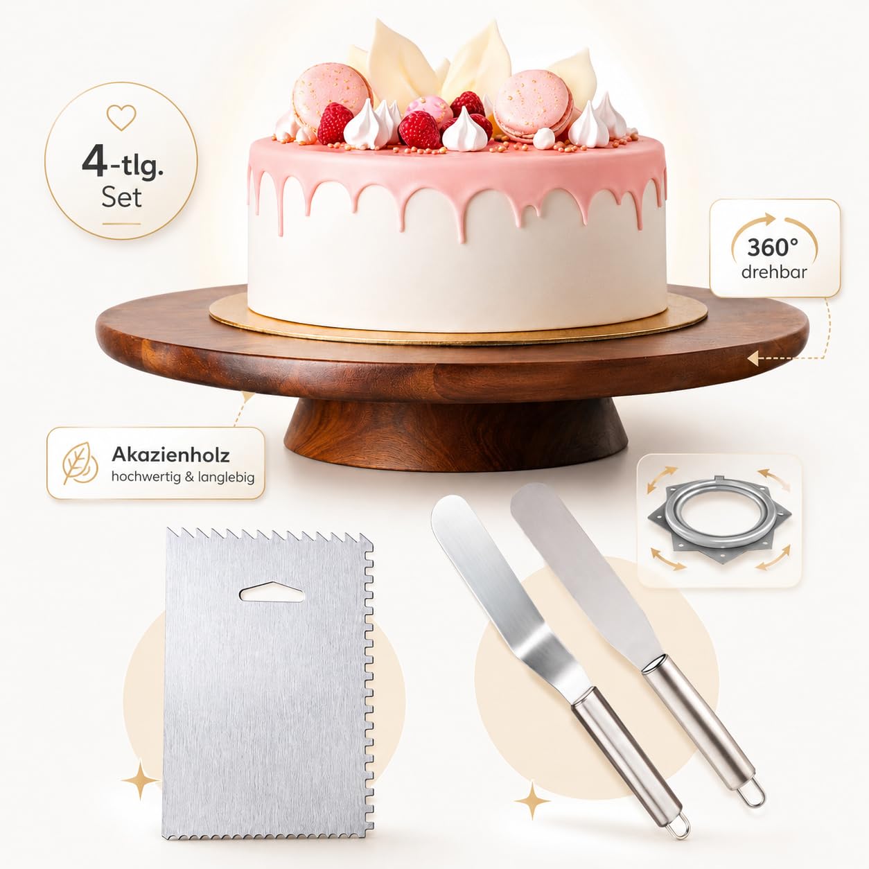 Stojak na tort 33 cm z drewna akacjowego z akcesoriami