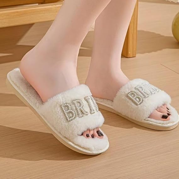Bride Slippers, Women's Wedding Shoes for Bride, Plush Furry Warm Open Toe Cozy Fluffy Bridal Wedding Party Soft House Shoe for Bachelorette Party