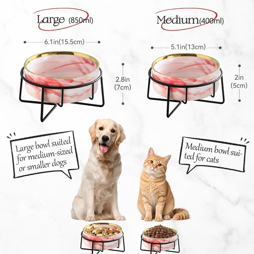 Dazzling Ceramic Elevated Cat Bowls,Raised Dog Cat Pet Food Water Bowl for Indoor(Pink, Large)