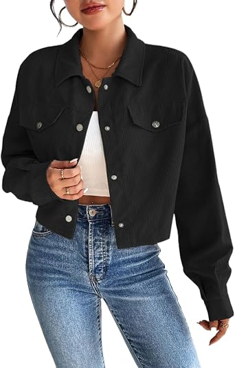 Womens Fall Trendy Corduroy Jackets Cropped Shacket Casual Light Button Down Long Sleeve Tops