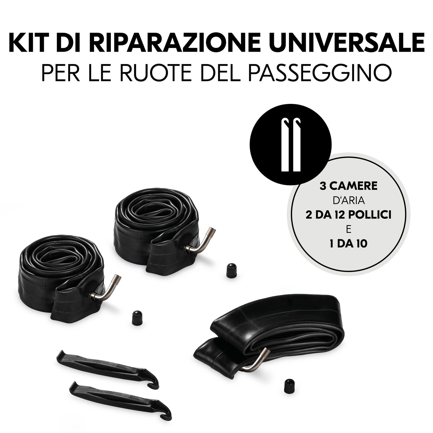 hauck Kit Riparazione Gomme per Passeggini 3 Ruote - 2 Camere D'Aria da 12" e 1 da 10" e Leve Cacciagomme - Kit Riparazione Ruote Per Passeggino come il Rapid 3 Air di hauck - Nero