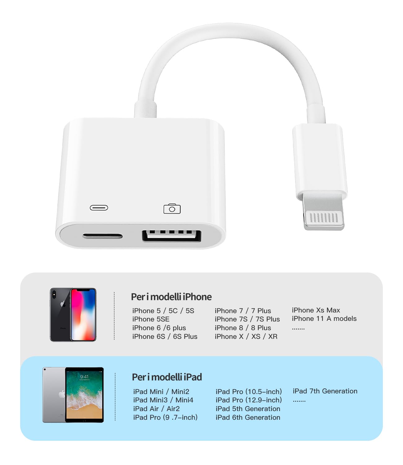 Adattatore OTG da Lightning maschio a USB femmina certificato Apple e cavo di ricarica per iPhone 11 12 Mini Max Pro xs XR X SE 7 8plus Ipad Air A Camera Memory Stick Flash Drive Cable Converter