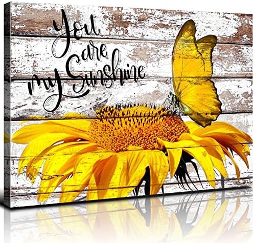 AIYISU Sunflower Pictures Wall Decor Yellow Butterfly Wall Art Canvas Prints for Kitchen Living Room Rustic Farmhouse Sunflower Painting Inspirational Saying Quotes Poster Artwork Home Decor 12x16”