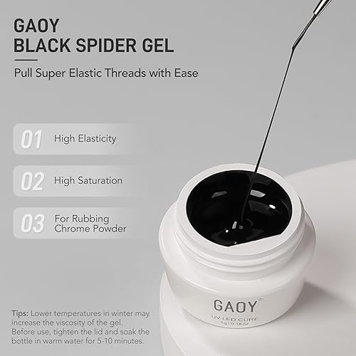 Miniatura 2 de GAOY Gel de araña para arte de uñas, esmalte de gel elástico negro para diseño de línea de pintura, sin limpiar con luz UV