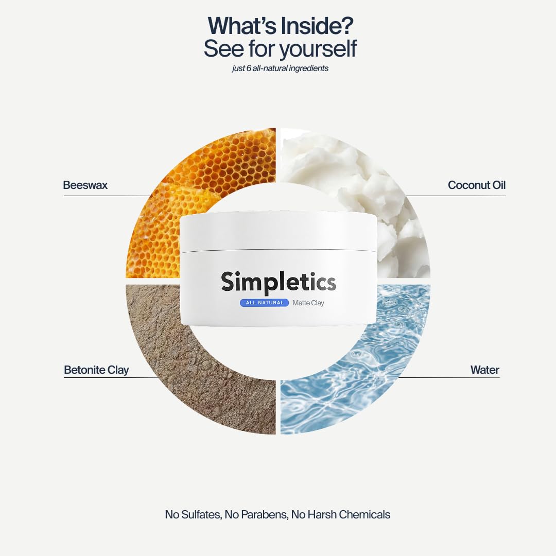 Simpletics Hair Clay for Men, Vanilla Scent, Matte Strong-Hold Styling Clay, 2 oz