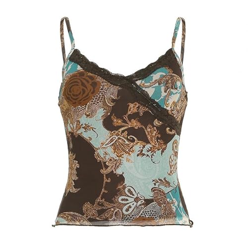 TEDILUVI Retro Floral Printed Tops Lace Mesh Vest V-Neck Sexy Backless Suspender Base Shirt for Miss