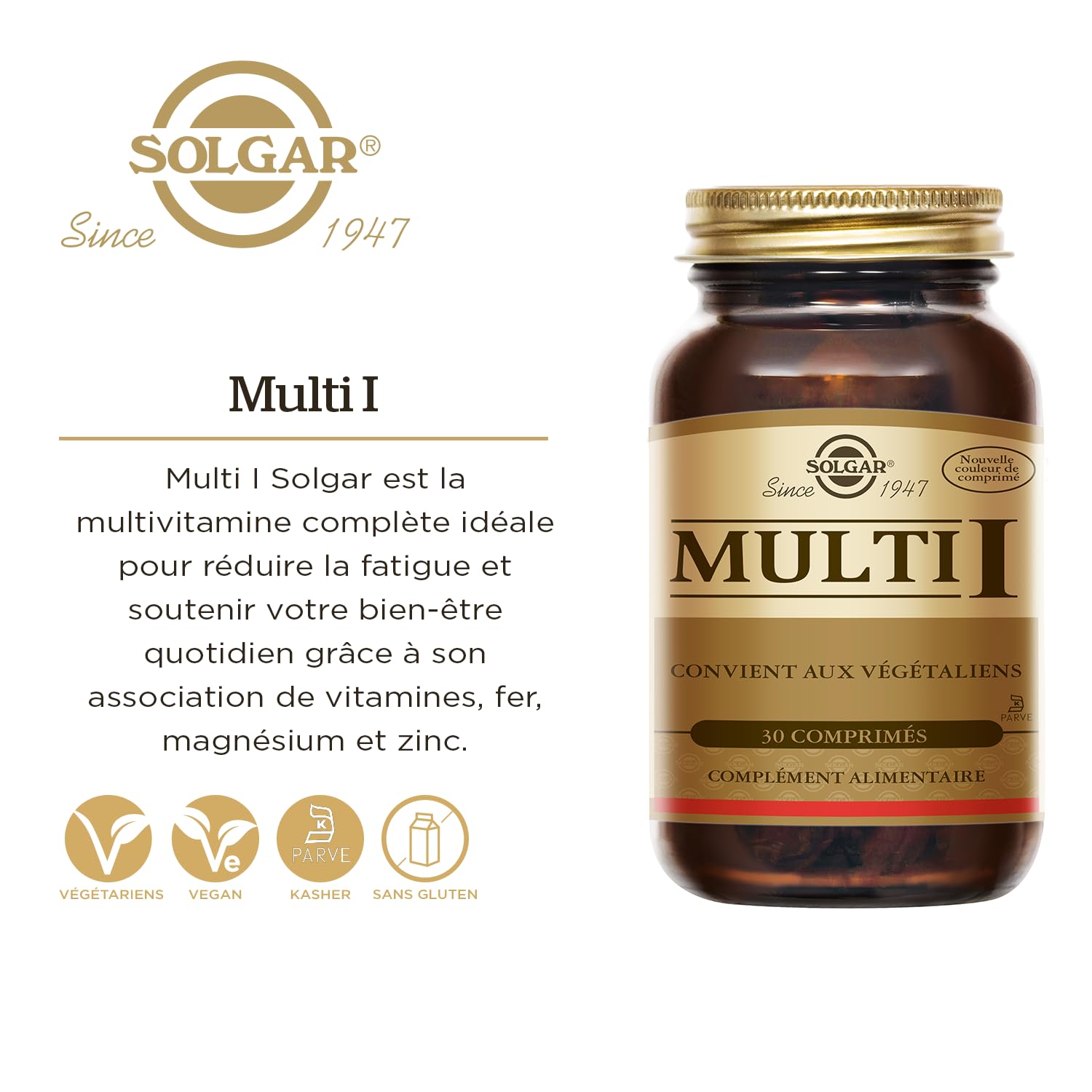 Solgar Multi I - Multivitamine Complète - Réduction de la Fatigue - Fer, Magnésium, Vitamines, Zinc, Minéraux - Vitalité et Energie - Complément Alimentaire - Flacon de 30 comprimés