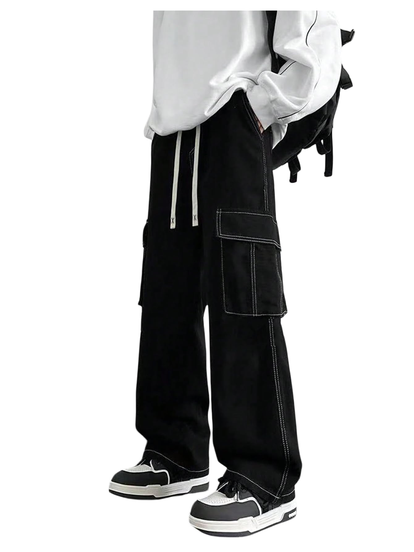 SweatyRocks Mens Drawstring Waist Cargo Pants Casual Streetwear Hip Hop Trousers with Pockets