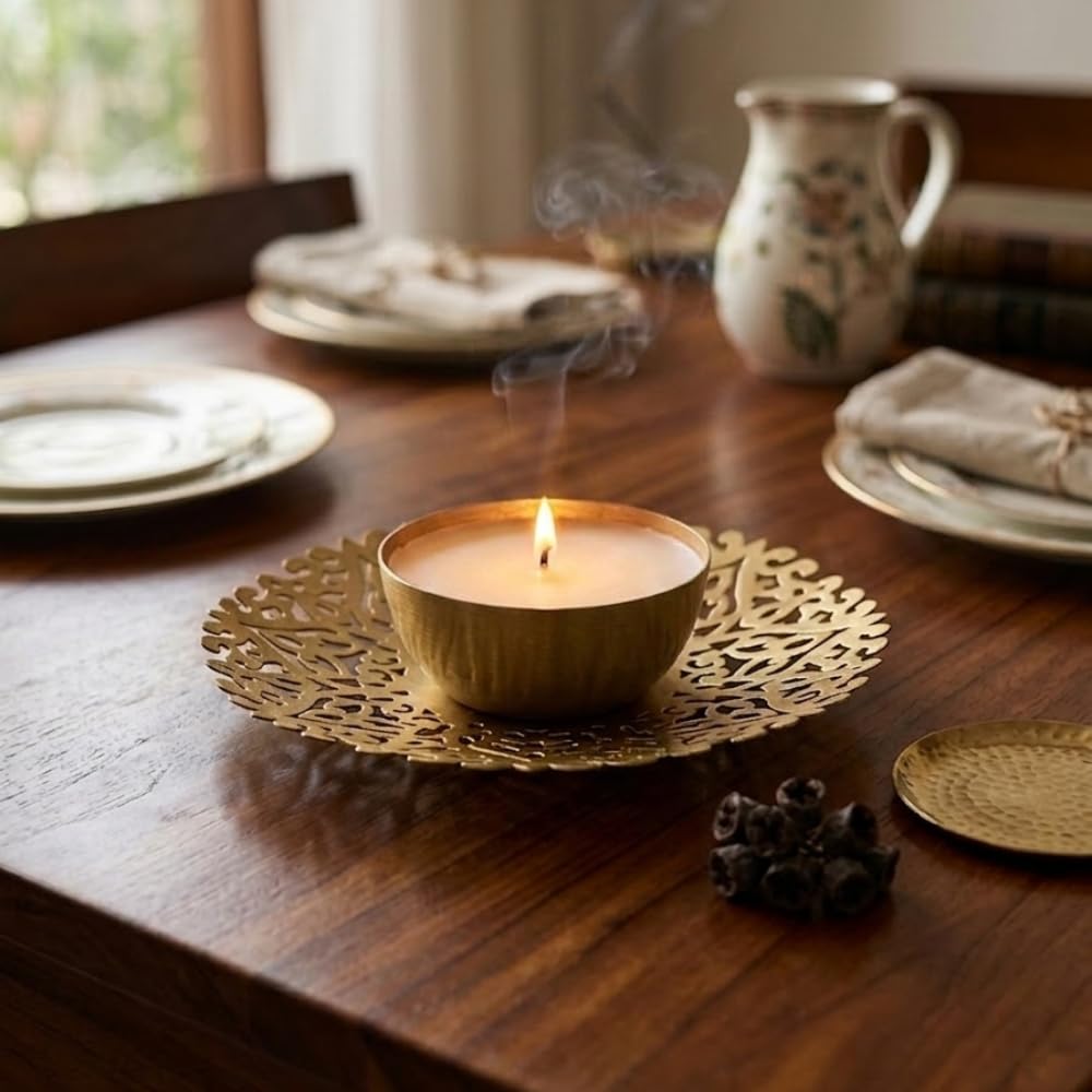 Brass Tealight Candle Holder Plate 7 Inch Decorative Filigree Candle Stand with Gold Finish | Round Mandala Candle Tray for Table Centerpiece, Diwali & Home Decor-image-14