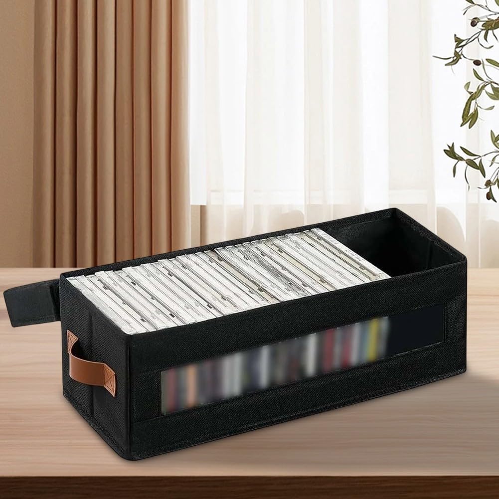 Scatola CD con Finestra per trasparente, Contenitore Impilabile in Tessuto Oxford per 148 Dischi, Custodia Pieghevole per DVD e per blu-ray, Organizzatore Nero 40x15.5x13.5cm
