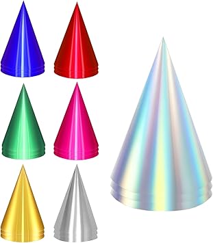 28 Pcs Metallic Cone Party Hats Bulk with Elastic String, 7 Colors Birthday Party Hats for Kids Adults Pets,4.7x7.28 In