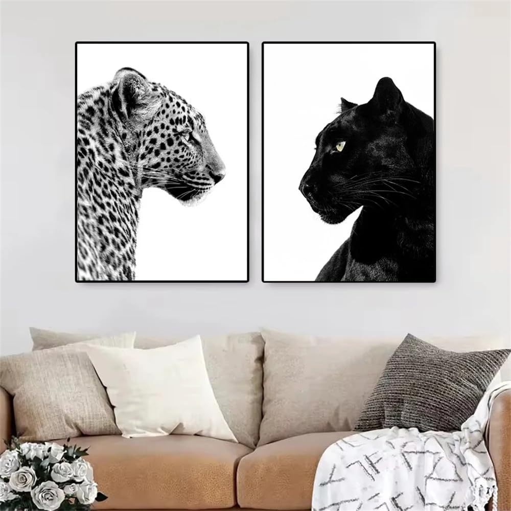 Láminas decorativas de leopardo en blanco y negro para pared, lienzos con imágenes de animales salvajes, pósteres para la pared de la sala de estar, decoración del hogar (70x100cmx2/sin marco)