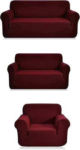Juego de funda elástica de ajuste universal para sofá biplaza, funda sólida (sofá biplaza, 3 piezas, borgoña)
