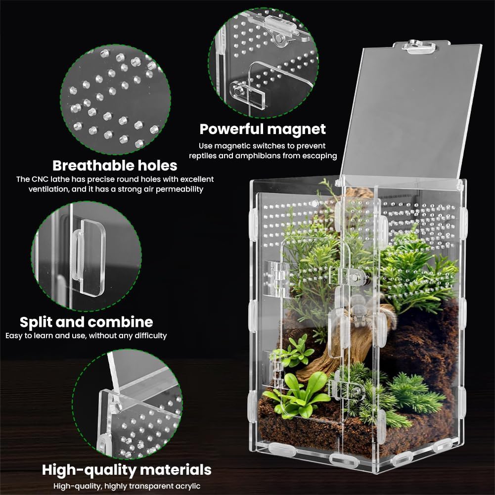 Acrylic Spider Enclosure, Jumping Spider Terrarium 4.7x4.7x7.9in | Dual access doors and micro-vent holes for feeding, misting, cleaning, and airflow