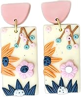 Handmade Polymer Clay Daisy Sunflower Drop Earrings - Cute Pink Petal Dangle Boho Jewelry for Women Summer Holiday