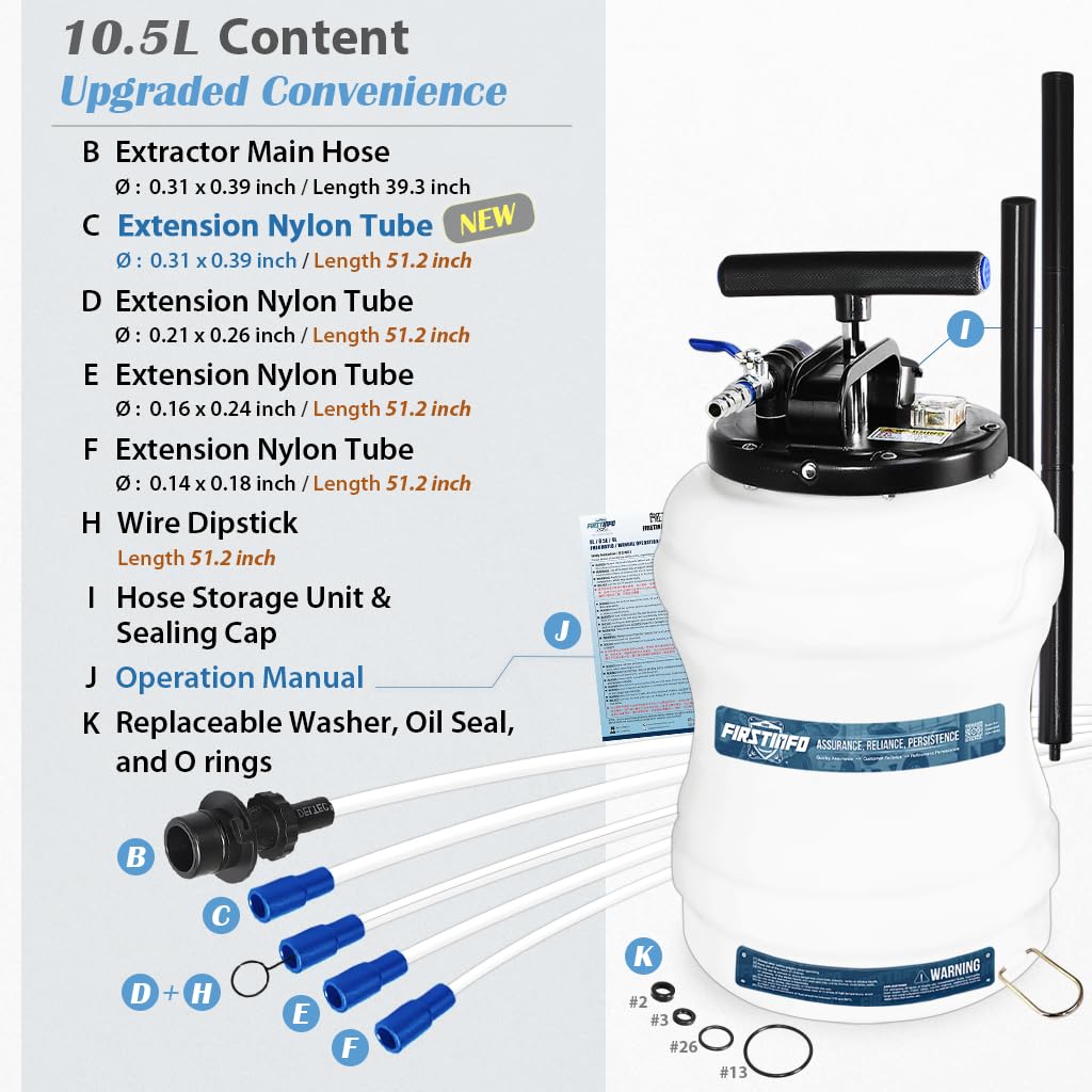 FIRSTINFO A1107EUY5 odkurzacz olejowy, pneumatyczny/ręczny, 10,5 l, wyprodukowany na Tajwanie, z manometrem ciśnieniowym, 5 węży ssących, 3,5 x 4,5 mm, bardzo cienka sonda ssąca