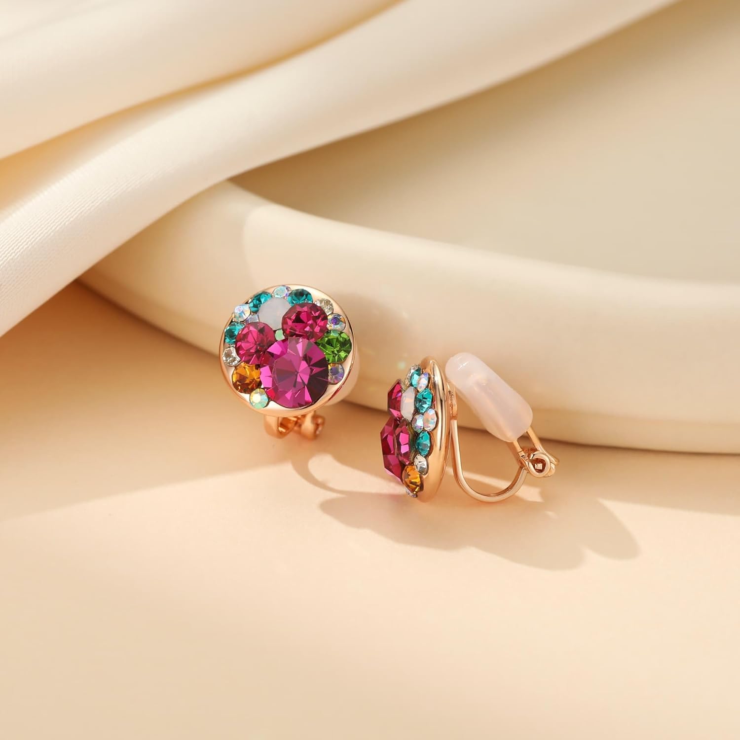 EVEVIC Austrian Crystal Multicolored Cilp On Earrings for Women 14K Gold Plated Non Pierced for Sensitive Ears Jewelry Gifts - Image 2