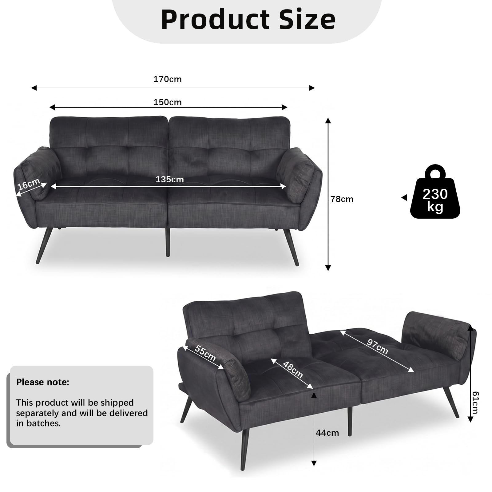 JIEXI Divano letto futon convertibile a 3 posti, moderno in tessuto, con 3 angoli regolabili, 170 cm, divano letto per gli ospiti con gambe in legno, resistente, 230 kg, grigio (170 cm, grigio)
