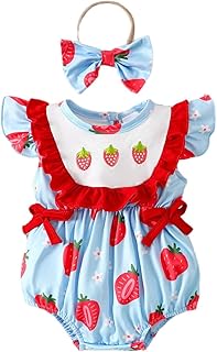 Ropa infantil para niños con manga mosca Bowknot fresa estampados mameluco recién nacido bodies diademas conjunto vestido niña