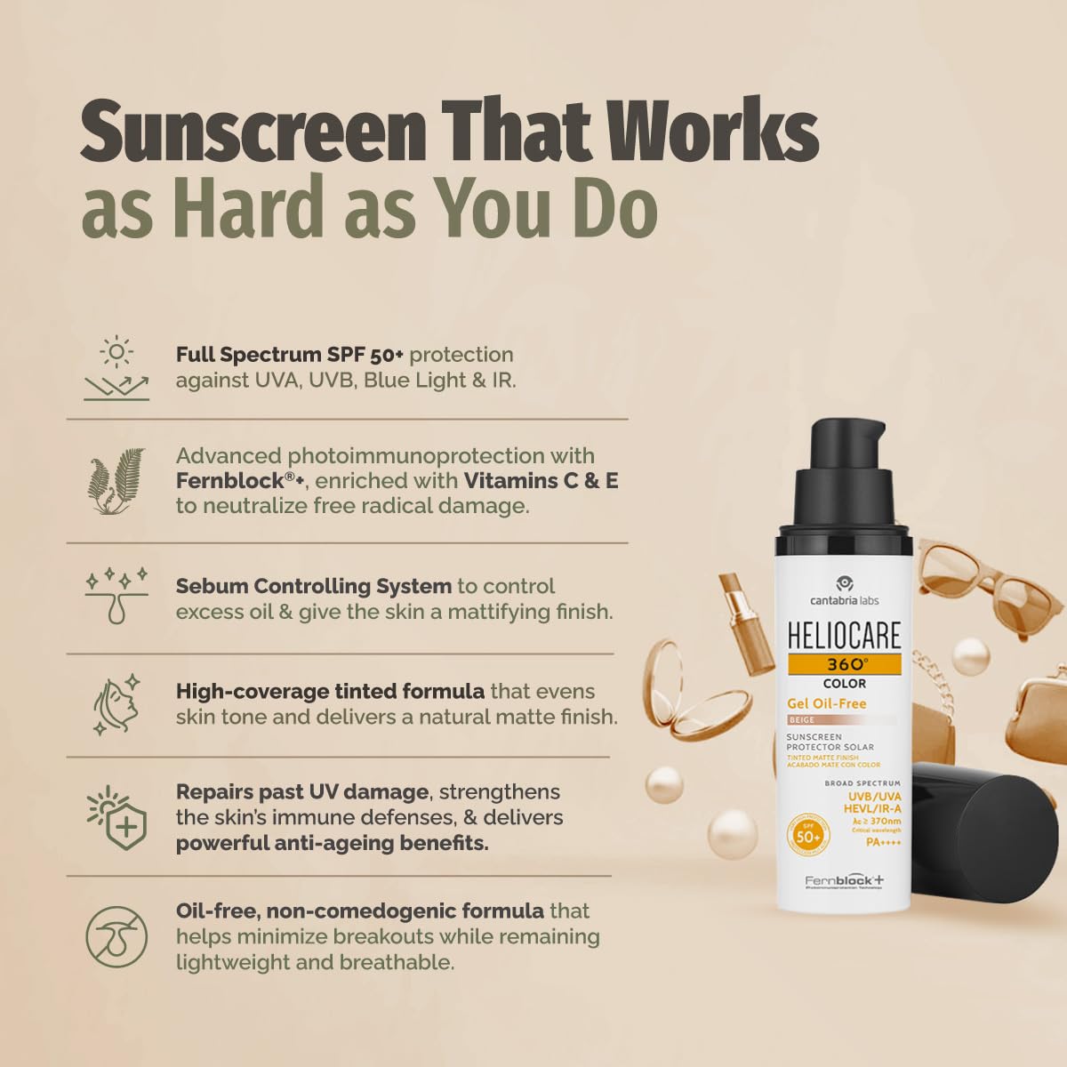 Heliocare 360º Kolor żel bez oleju SPF 50+ - Zaawansowana ochrona przed światłem z kolorem, lekką teksturą, skórą mieszaną lub tłuszczem, matowym wykończeniem i suchym dotykiem, beżowym, 50ml
