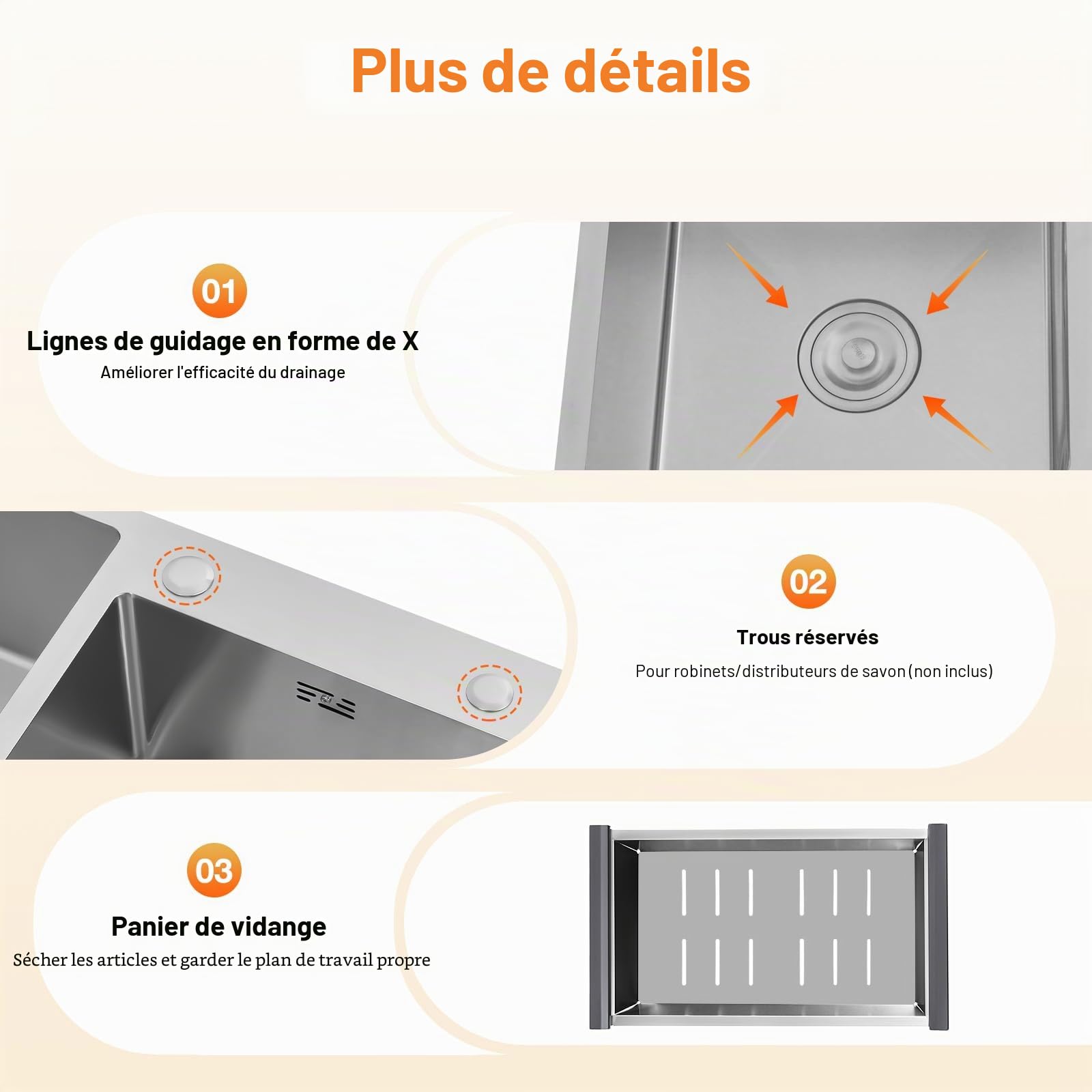 Lot d'évier encastrable en acier inoxydable - Double évier avec égouttoir - Évier en acier inoxydable - Pour cuisines, restaurants commerciaux, garages, buanderies, caves, bars - 78 x 43 x 21 cm