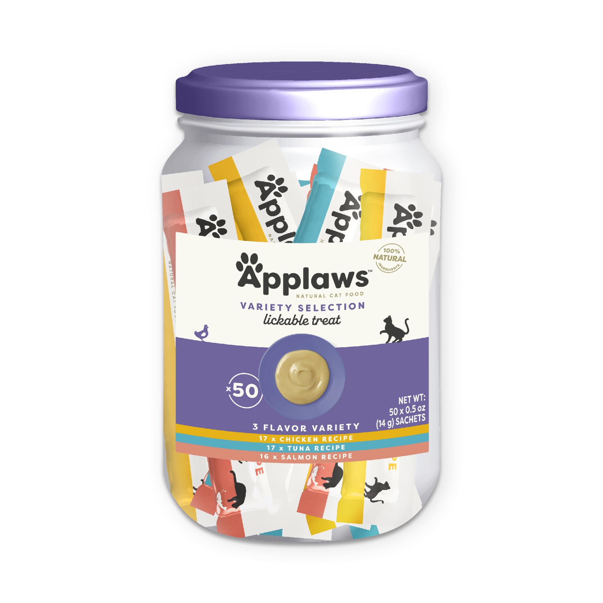 Applaws Lickable Cat Treats, Natural Grain-Free Purée, Made with Limited and Natural Ingredients, Variety Pack with Chicken, Tuna & Salmon Squeeze Up