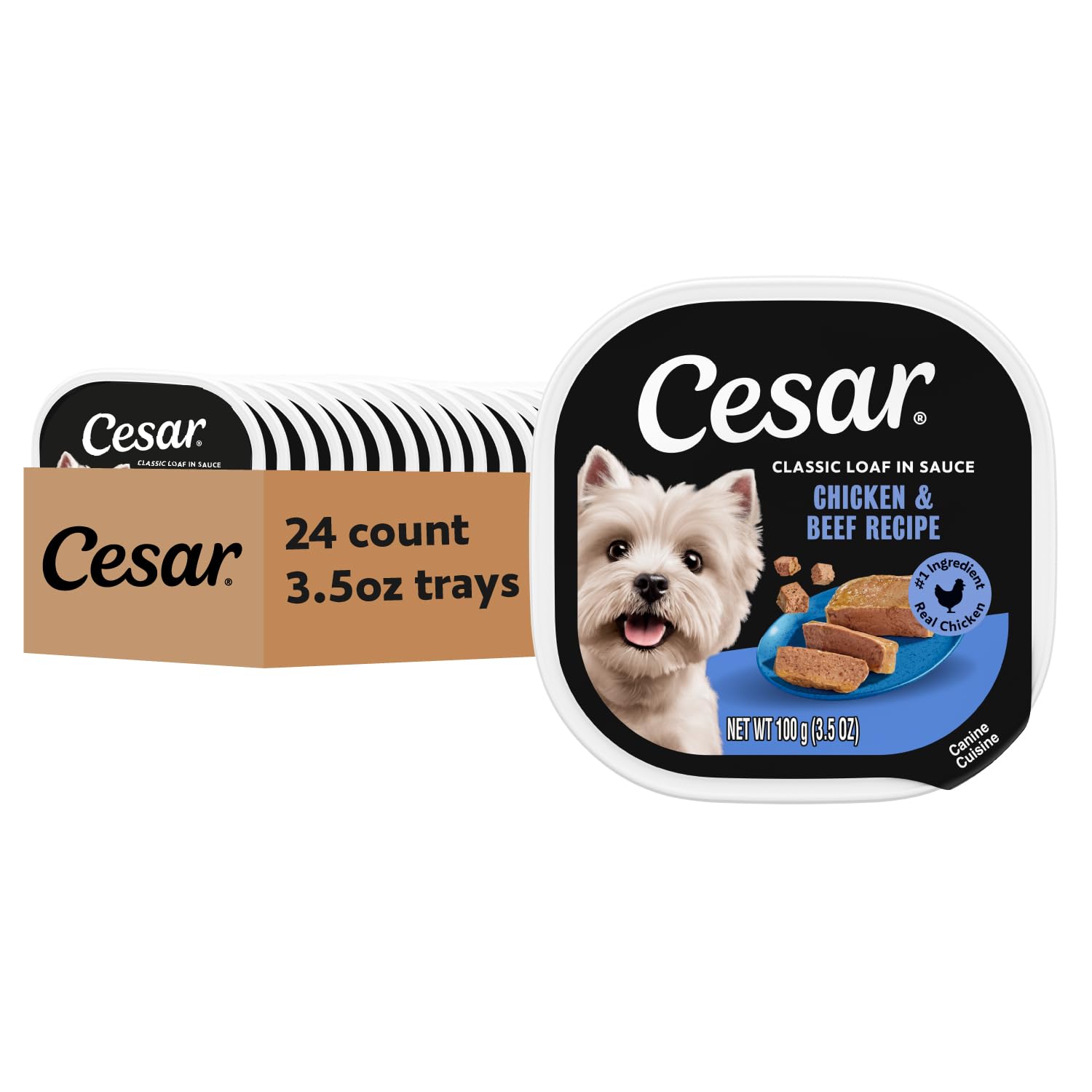 Cesar Classic Loaf in Sauce Adult Wet Dog Food Chicken and Beef Recipe, Wet Food for Dogs, 3.5 oz Easy Peel Trays, 24 Count