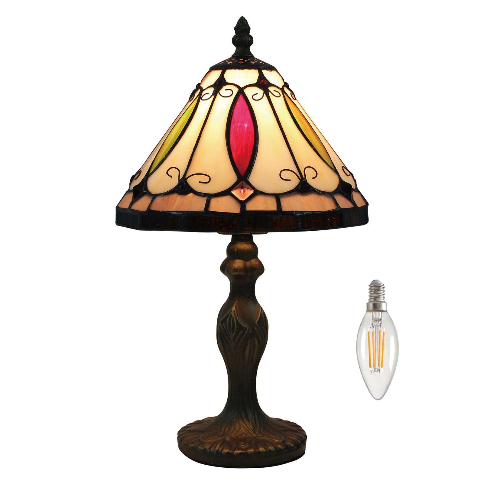 Tischlampe kleine im Tiffany Stil,Vintage Nachttischlampe,Buntglas Lampenschirm 20cm / 8 Zoll,Schlafzimmer Fensterbank Deko Lampe,Jugendstil Tischleuchte,mit LED E14 Birne