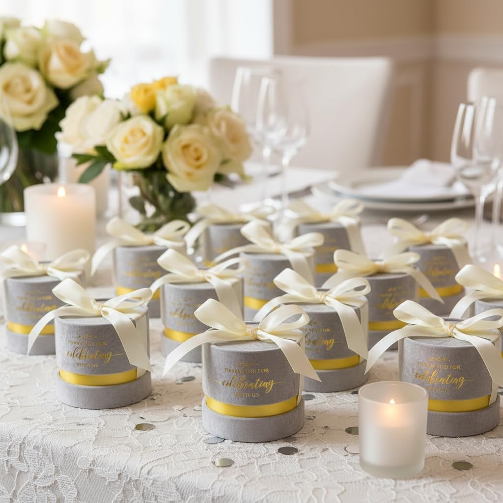 ponatia 6-Pack Burgundy Velvet Wedding Favor Boxes, 3.1×3.1'' Luxury Candy Boxes with Gold Foil Print & Ribbons, Pefect Gift Box for Wedding, Bridal/Baby Shower & Birthday Party Favors (Silver) - Image 7