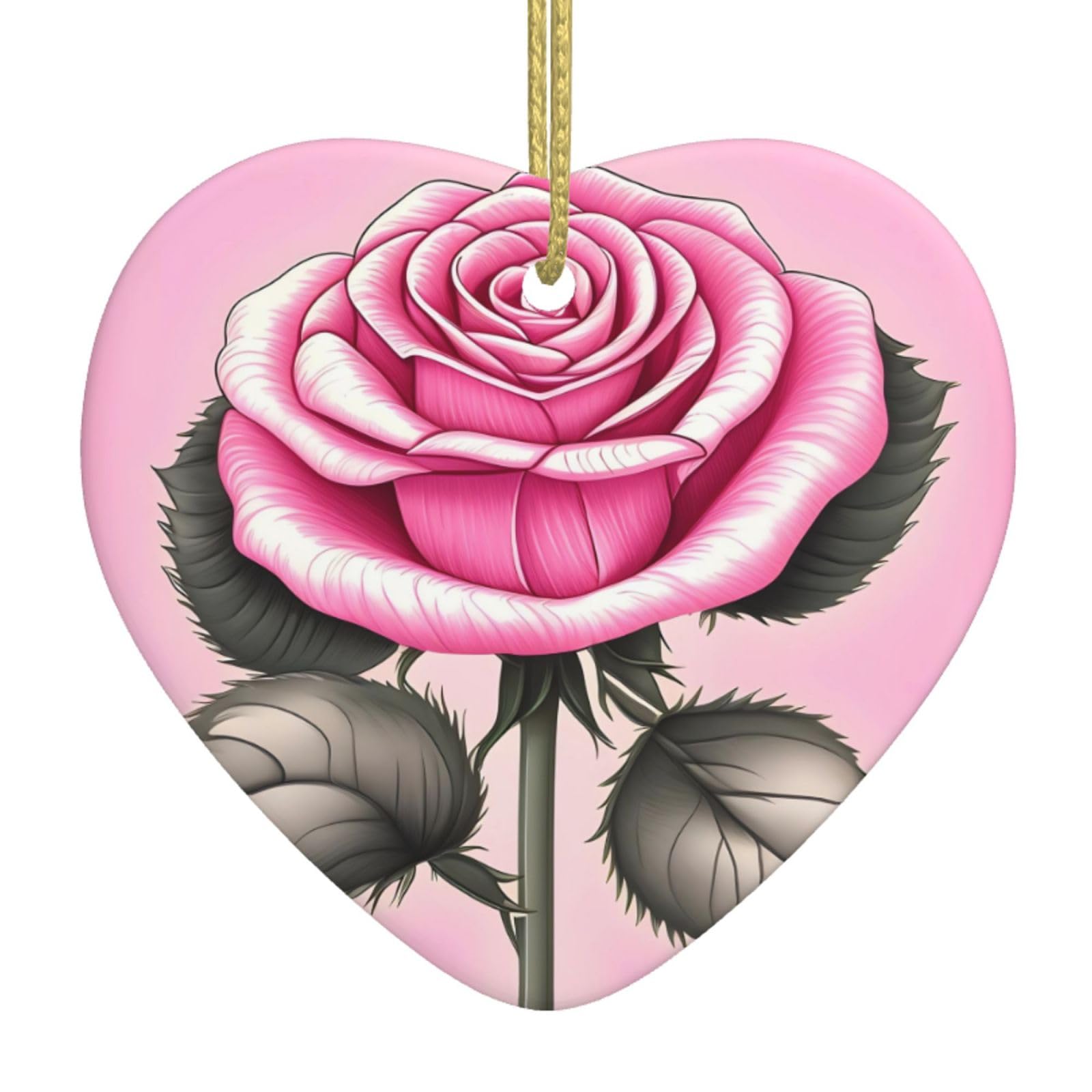 Beautiful Pink Roses Ceramic Christmas Heart Pendant with Silk Thread, Christmas Tree Home Decoration