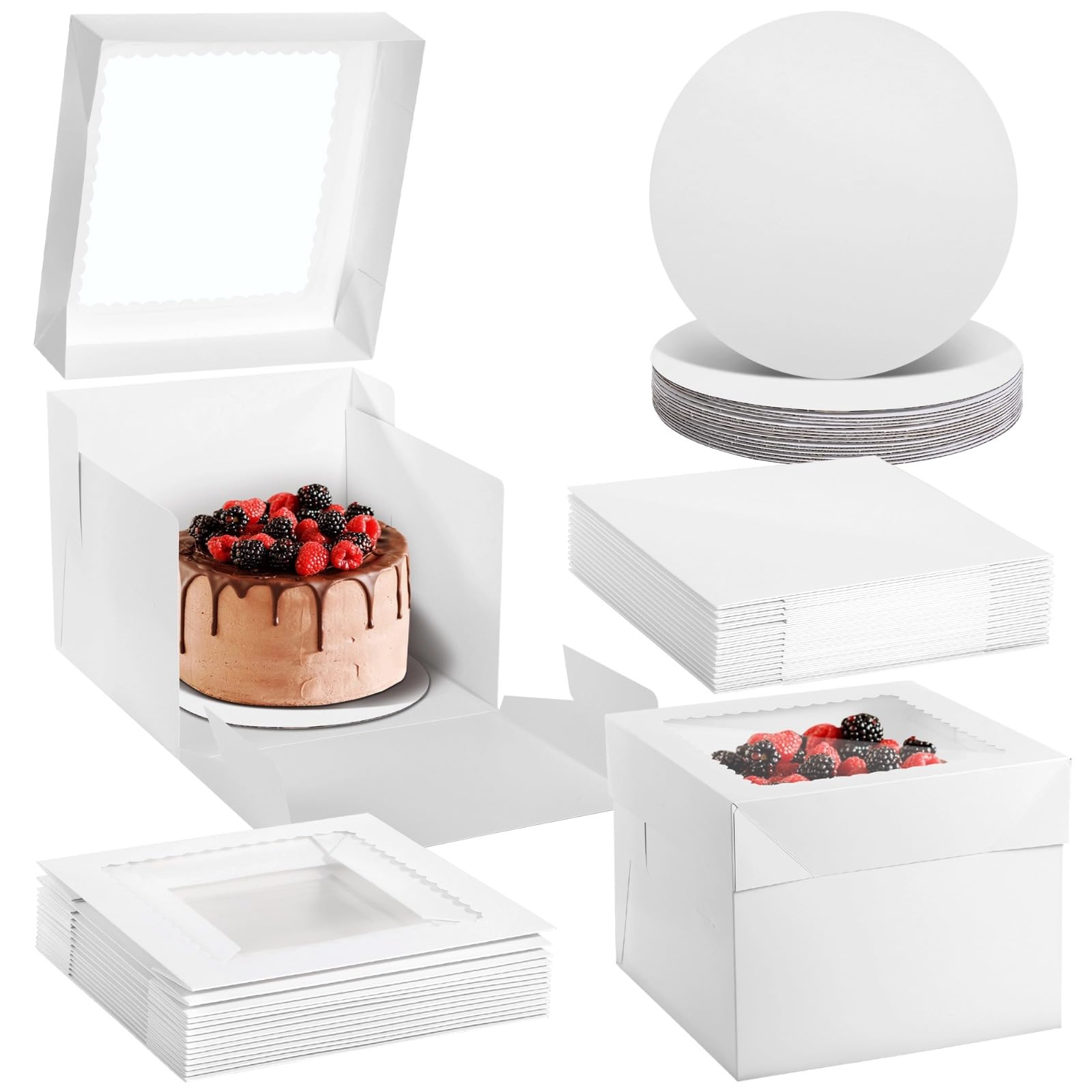 Varku 15 Sets Cake Boxes, Including 15 Cake Boxes & 15 Boards, 10×10×8" White Bakery Boxes with Windows, Disposable Cake Containers with Lids for Cakes, Pastries, Pies, Cupcakes
