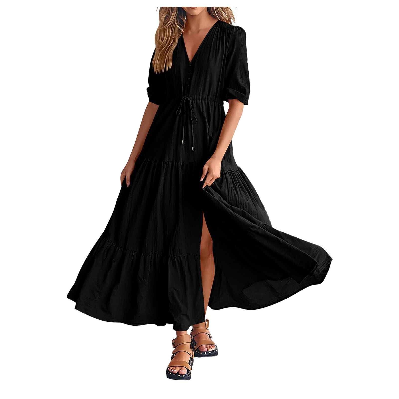 Women's Summer Dresses, Short Sleeves, V-Neck, Button, Drawstring, Maxi Dresses, Plain, Boho, Long Dresses