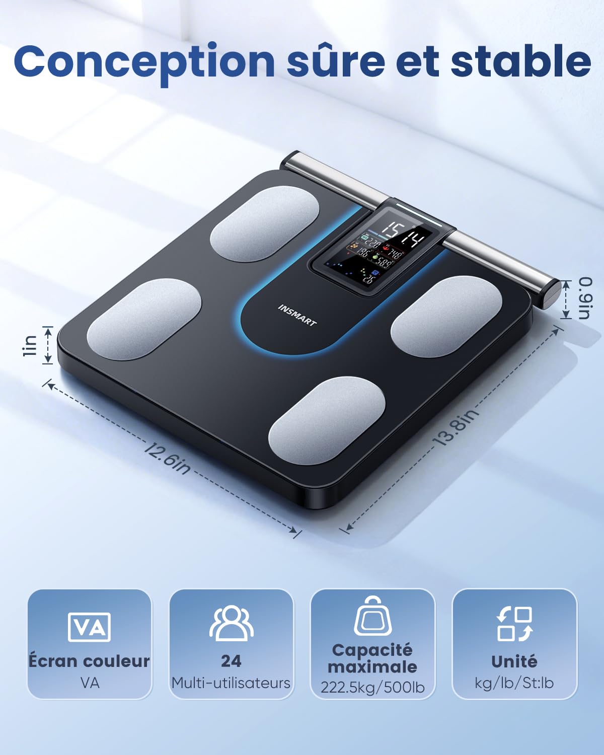 INSMART Pese Personne Intelligent, Balance Pese Personnes à 8 électrodes avec IMC, masse graisseuse et masse musculaire, analyseur de composition corporelle 56, balance à plate-forme plus grande