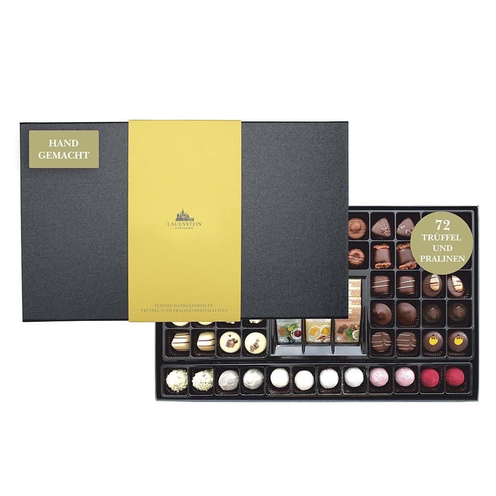 Lauensteiner Pralinen-Auslese | 830 g in Gold und Schiefer | 60 feinste Pralinen, 8 Napos - mit und ohne Alkohol | Handgefertigte Köstlichkeiten | 1er Pack