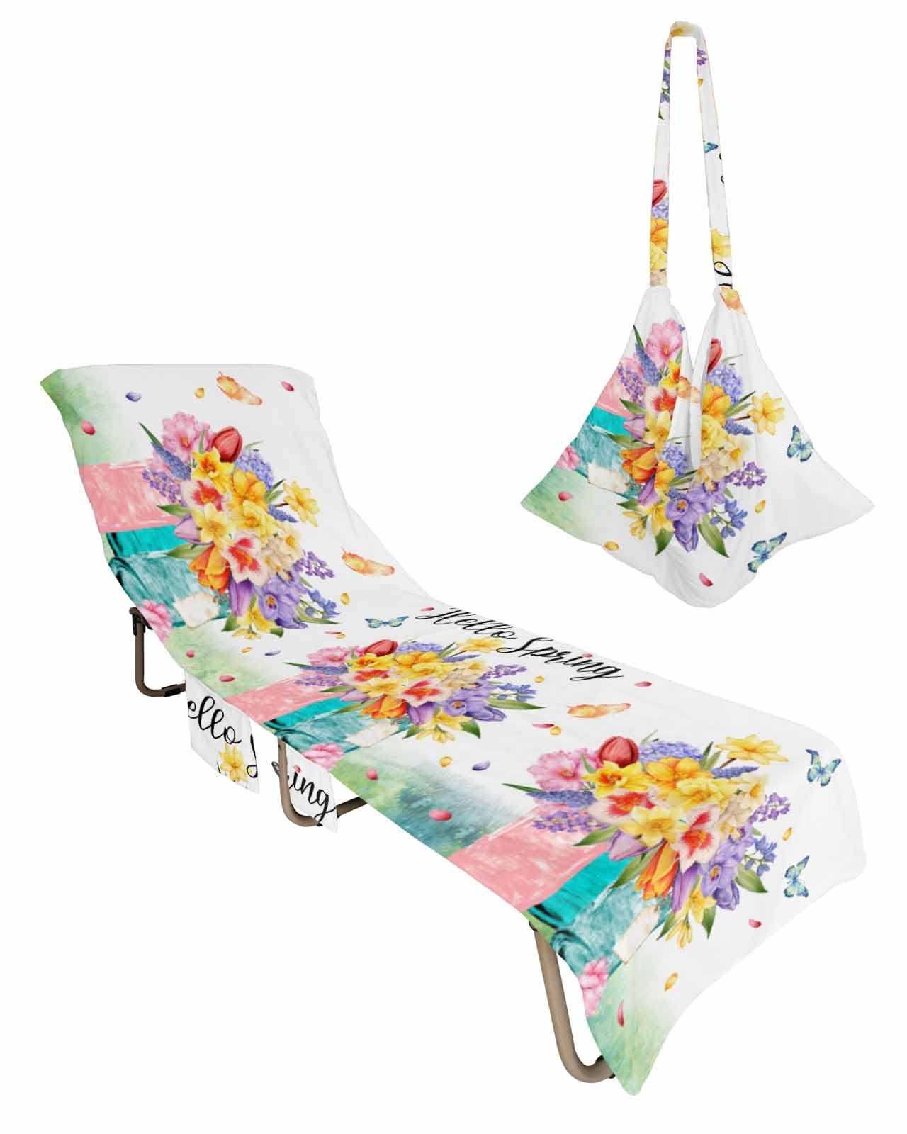 Spring Floral Beach Lounge Chair Towel Cover, Soft Chaise Lounge Towel with Side Pockets Patio Pool Chairs Cover for Beach/Pool Sunbathing 29x85 Colorful Summer Botanical Watercolor