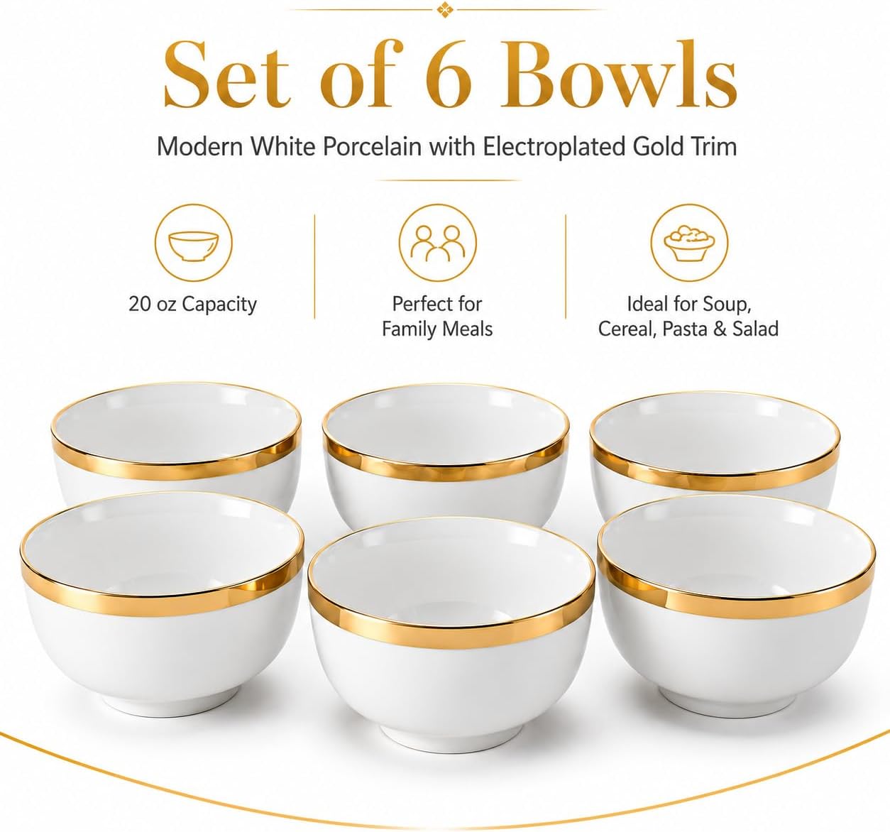 White and Gold Soup Bowls Set of 6, 20 oz Porcelain, Gold Rim