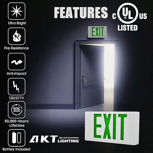 Miniatura 9 de AKT LIGHTING Green - Letrero de salida LED de emergencia con batería trasera, doble cara cableada, luz de salida de emergencia para restaurante,