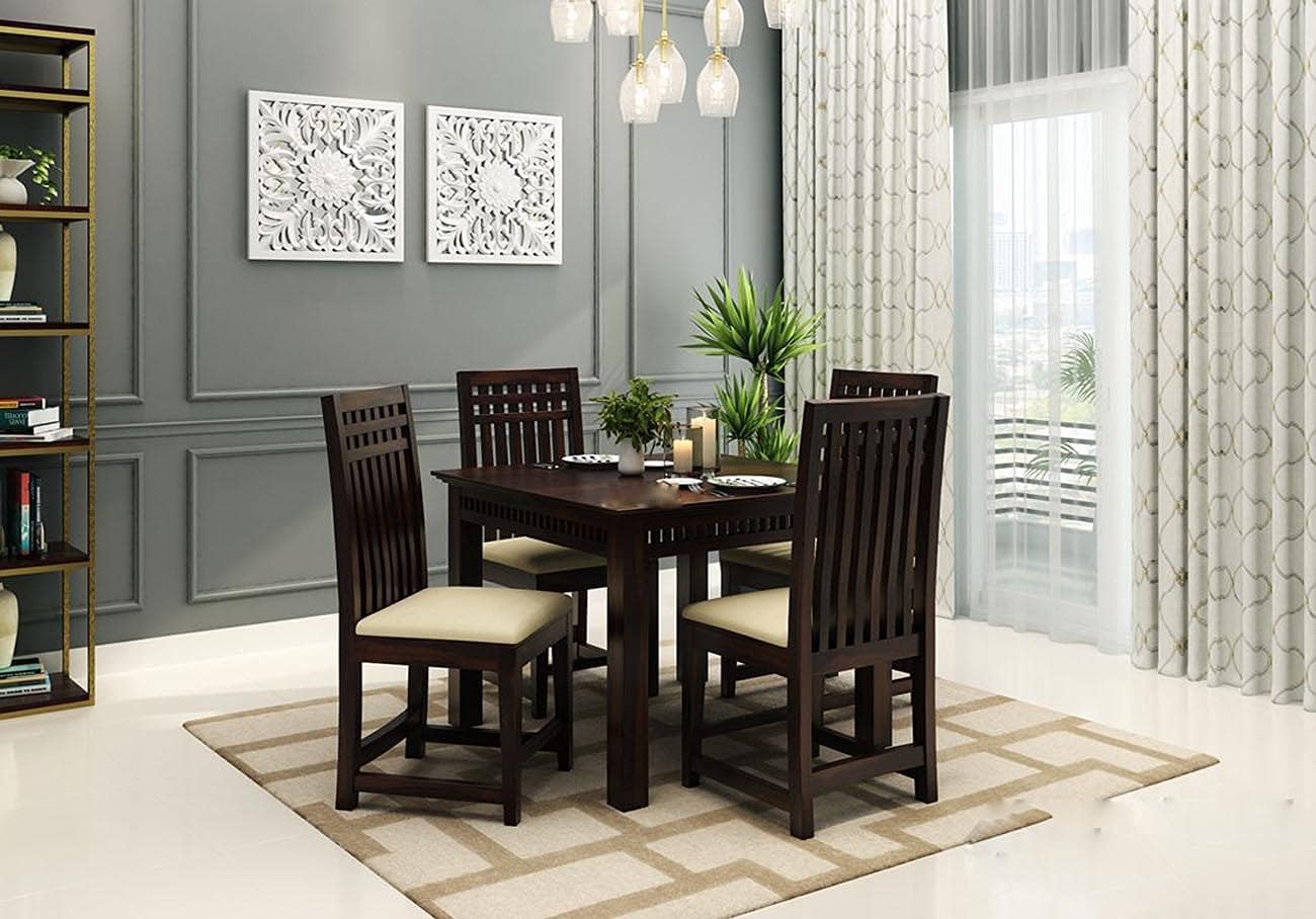 Solid Sheesham Wood 4 Seater Dining Table | Four Seater Dinner Table with 4 Cushions Chairs | Dinning Table Set 4 Seater for Living Room | Wooden Table & Chairs Set | Wanut Finish