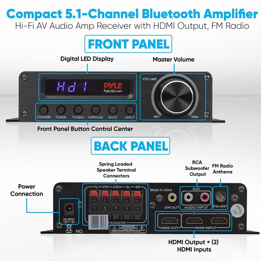 Pyle Amplificateur HiFi 100 W avec Bluetooth, récepteur 5.1 canaux