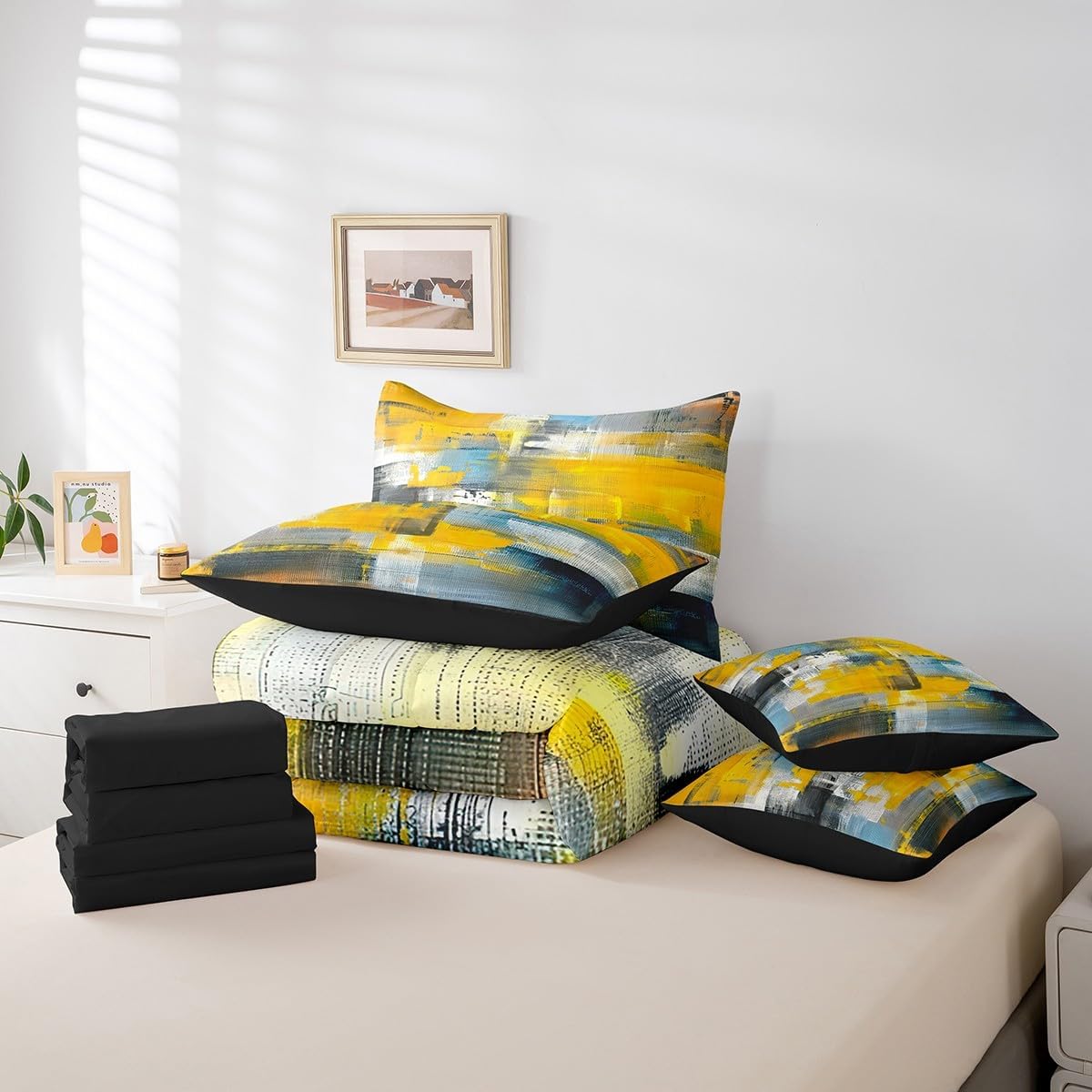 Grey Yellow Modern Tie Dye Bedding Queen Size 7-Piece Contemporary Grunge Comforter Set with Fitted Sheet Flat Sheet, Abstract Watercolor Art Bed in a Bag Aesthetic Oil Painting Bedding Comforter Sets