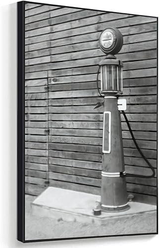 Lienzo enmarcado para pared, diseño de bomba de gasolinera antigua en blanco y negro, impresiones en lienzo para sala de estar, dormitorio, oficina,