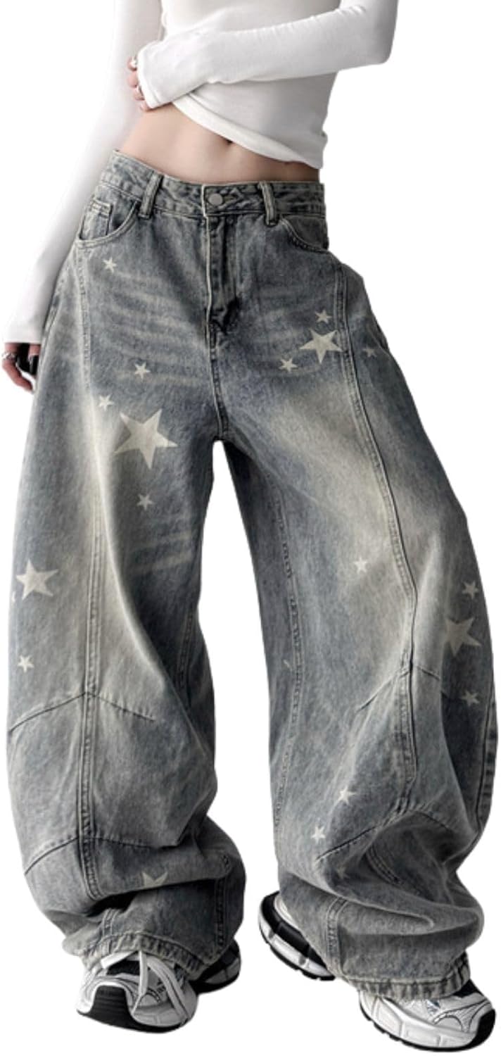 Baggy Jeans for Women Men Star Patchwork Barrel Jeans Low Rise Grunge Boyfriend Denim Pants Streetwear Clothes - Image 3