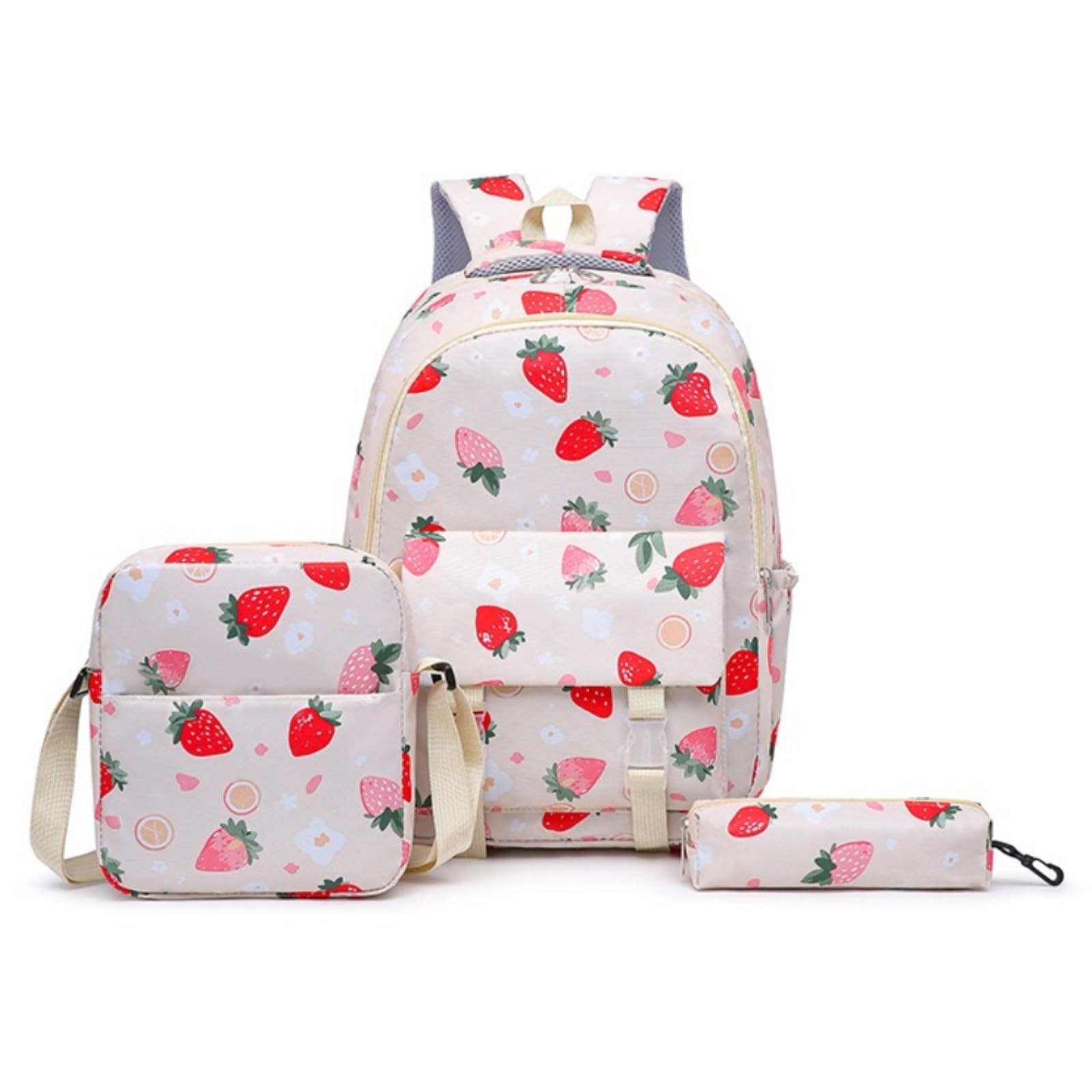 Zaino da Viaggio Set di 3pcs, Carino Strawberry Stampa Azzurro Chiaro Scolastico con Borsa Crossbody & Caso Matita